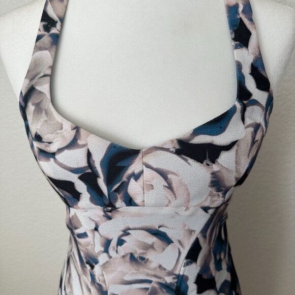 Black Halo Floral Watercolor V Neck Criss Cross Back Sheath Dress Size 4 - Picture 2 of 11